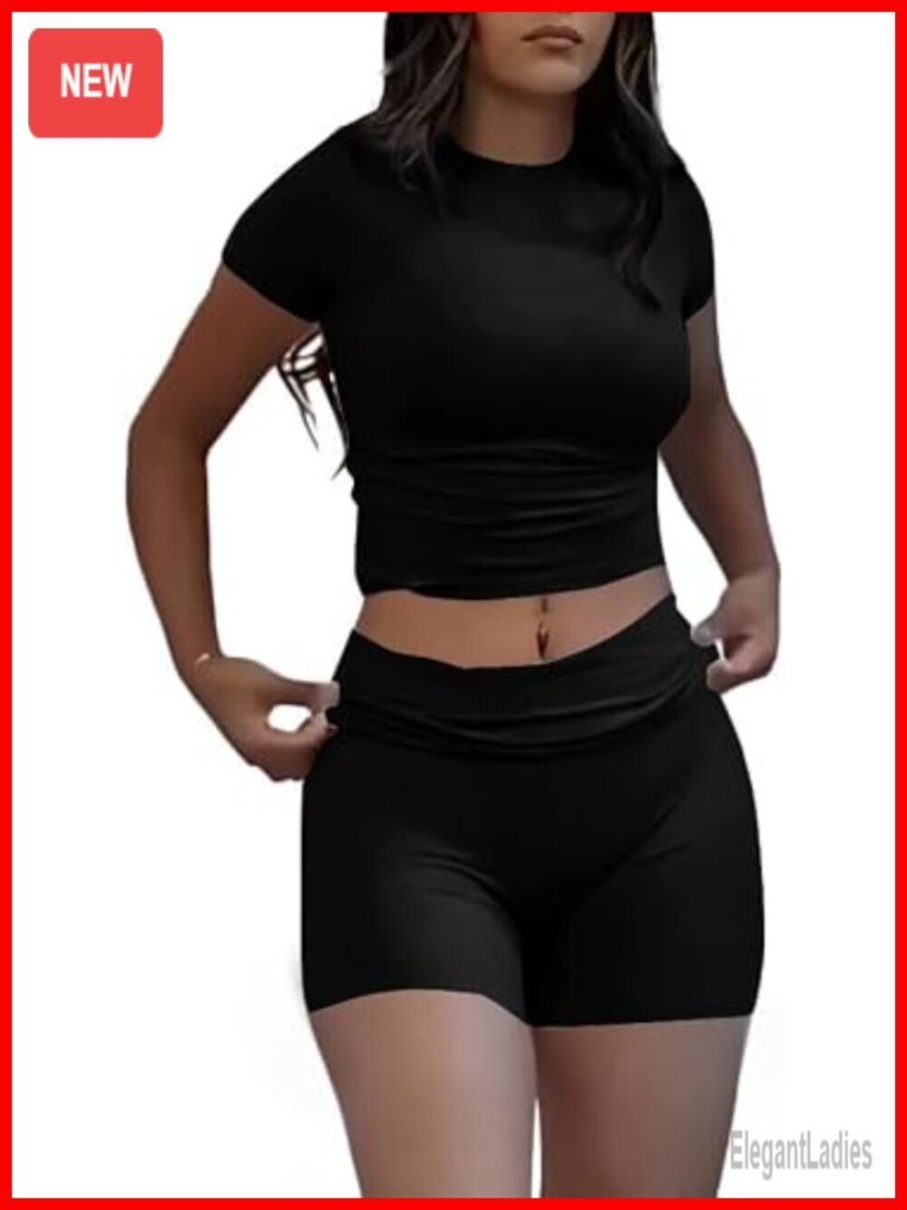 Women's Two Piece Lounge Set - Slim Fitted Crew Neck Top & Foldover Shorts